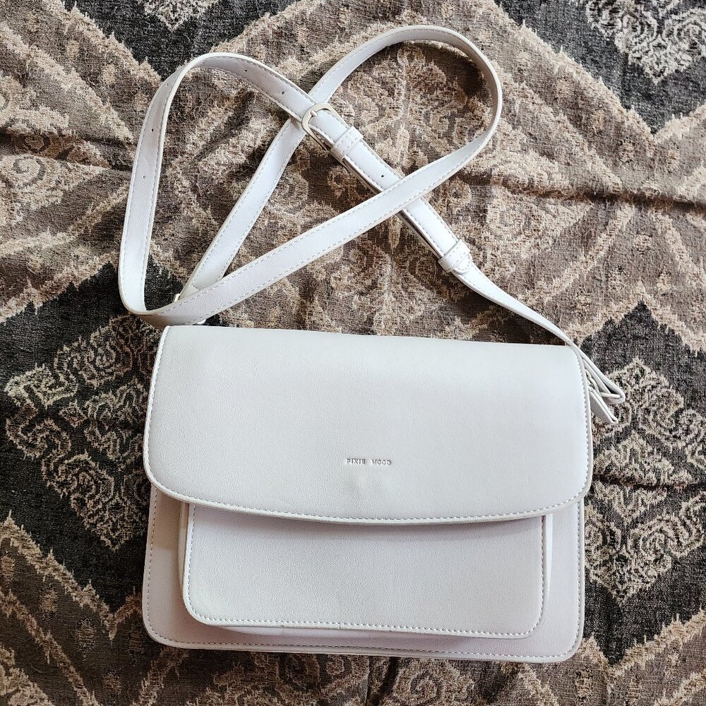 Pixie Mood Pale Gray/Off White Leather Flap-Over Crossbody Bag
